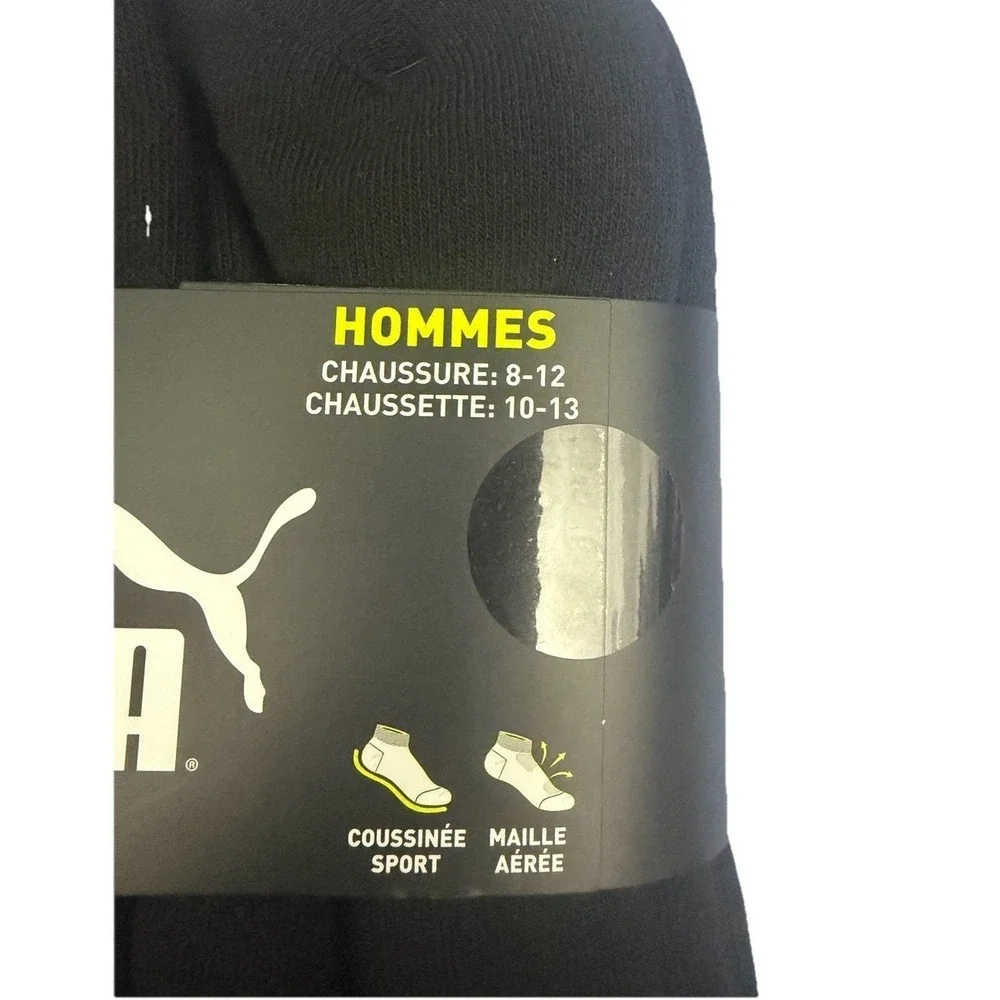 Puma Men's Training Cushioned Black Socks 6 Pairs Quarter‎ Crew Size 10-13 New